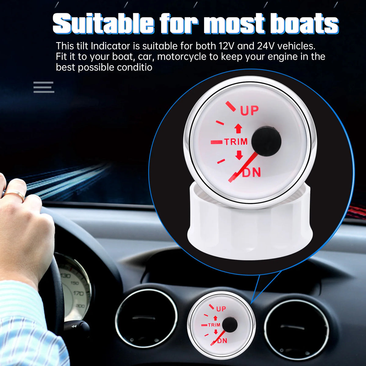 AD 52mm Marine Trim Tilt Indicator Meter 2 Inch Boat Trim Gauge for Inboard Outboard Engine with Red Backlight 9-32V Trim Meter