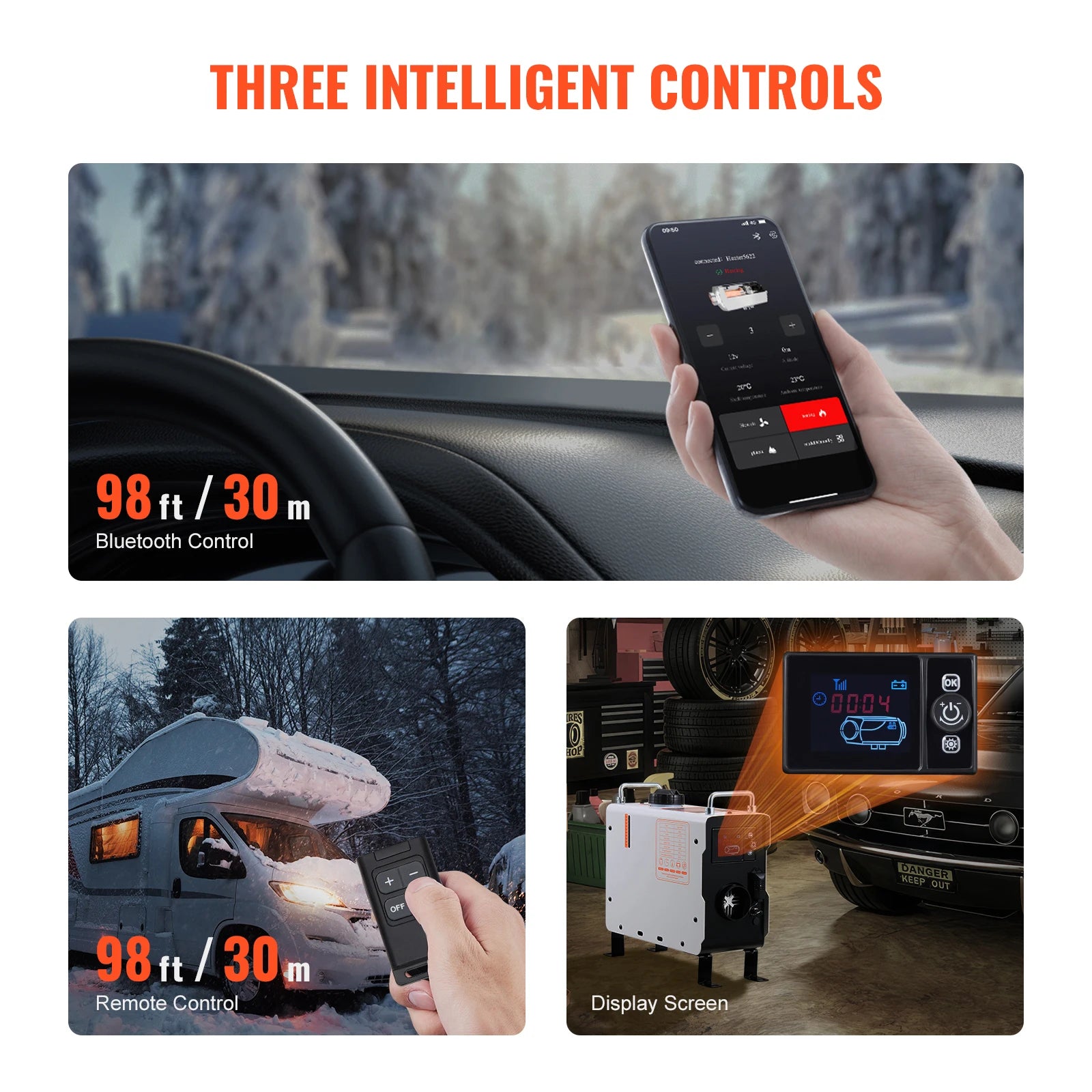 12V/24V diesel luftvarmer med Bluetooth og CO-alarm til campingvogn