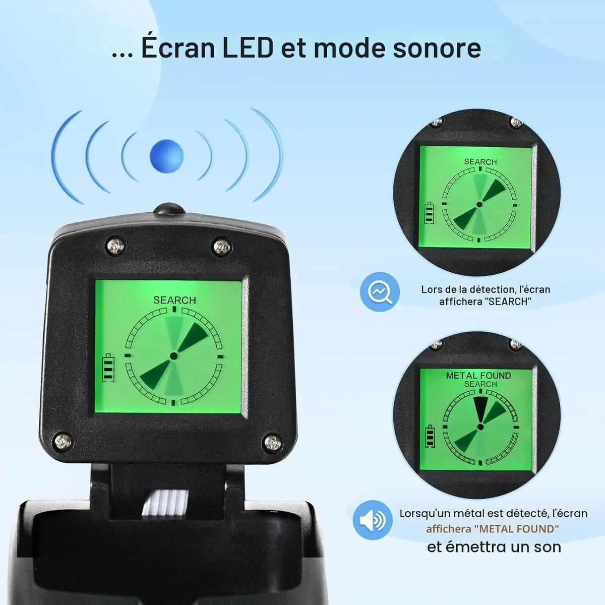 Détecteur de Métal Léger pour Enfants avec Écran LCD et Son, Détecteur de Métaux pour Enfants, Batterie IP68 enrouleur
