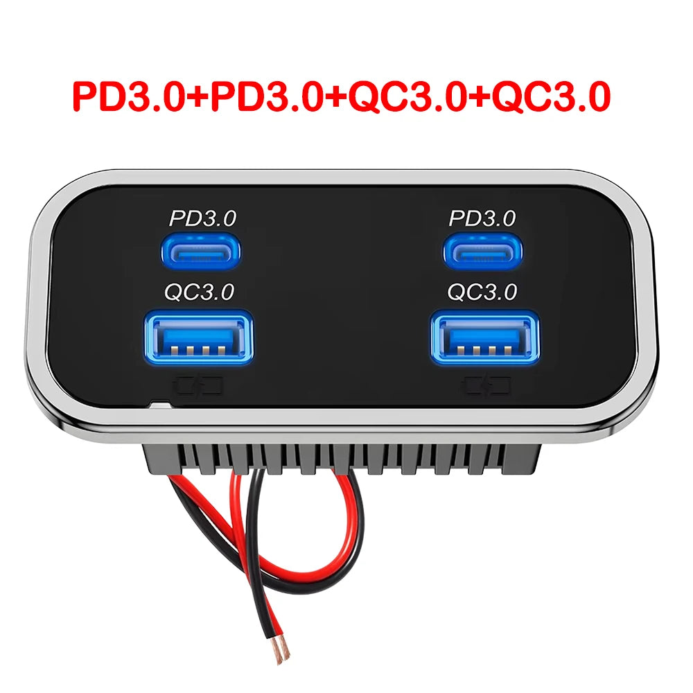 NOVO Carregador de Parede com 4 Portas USB 12-24V para RV, Carregamento Rápido para Carro, Duplo PD3.0 e Duplo QC3.0, Acessórios para Autocarro, Barco e Camião