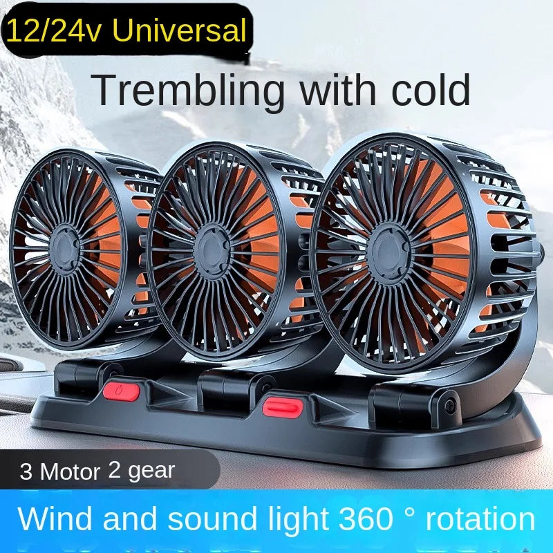 360° Justerbar Dobbelt Hoved Bilventilator med USB & 12V/24V Strøm