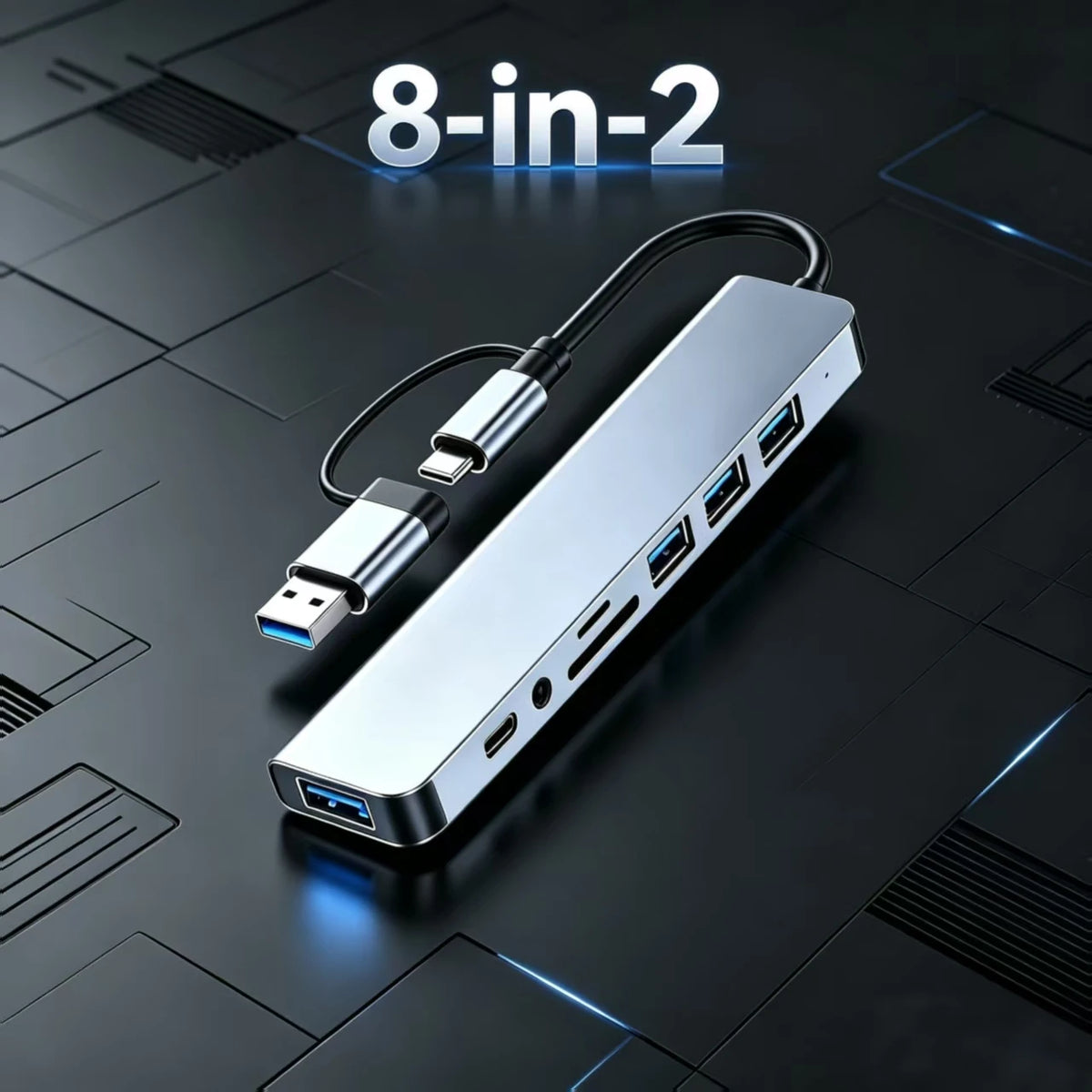 USB-C-hubadapter 8-i-2, USB-C- og USB-A-kontakter med to grensesnitt, dokkingstasjon med flere porter til bærbar PC og stasjonær PC