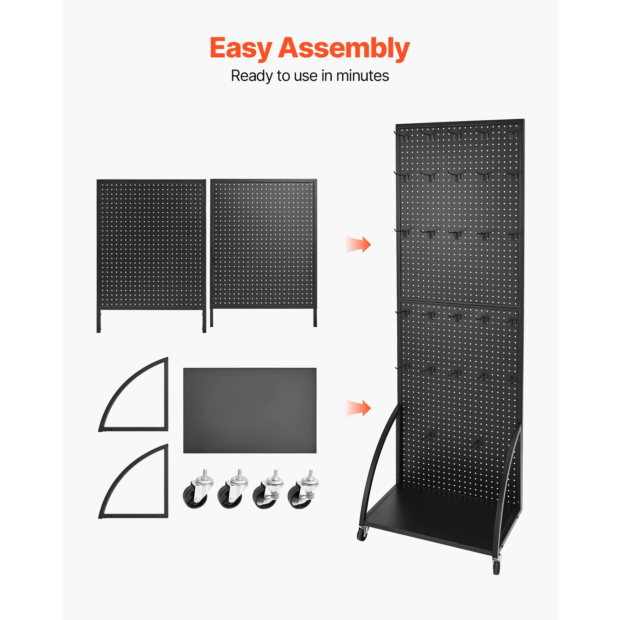 Tekerlekli ve 30 Kancalı Ayakta Çalışan Çelik Panelli Pegboard Standı