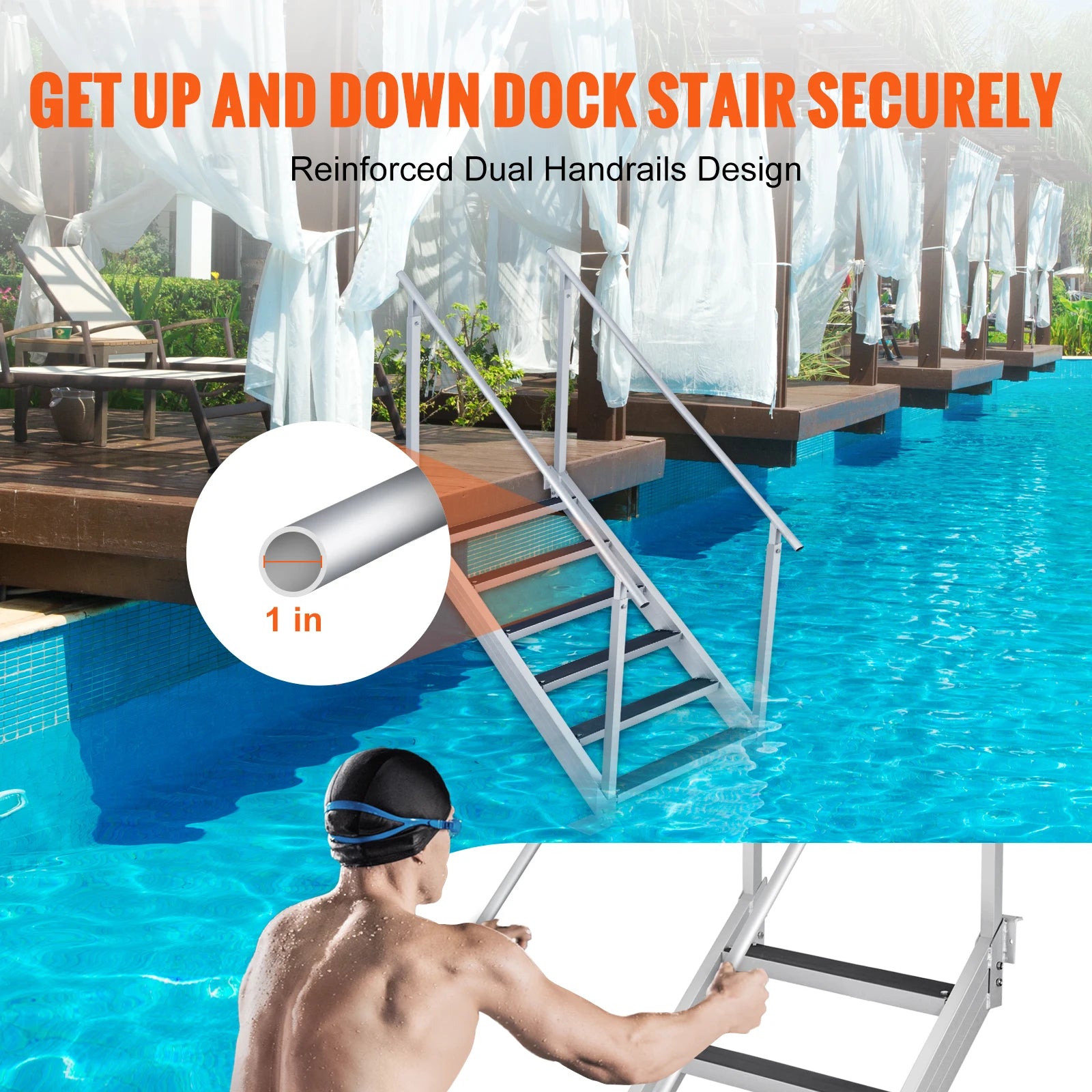 SucceBuy 4/6 Step Dual Handrails Dock Ladder Aluminum with Rubber Mat 30"-39" Adjustable Height for Lake Marine Boarding Pool