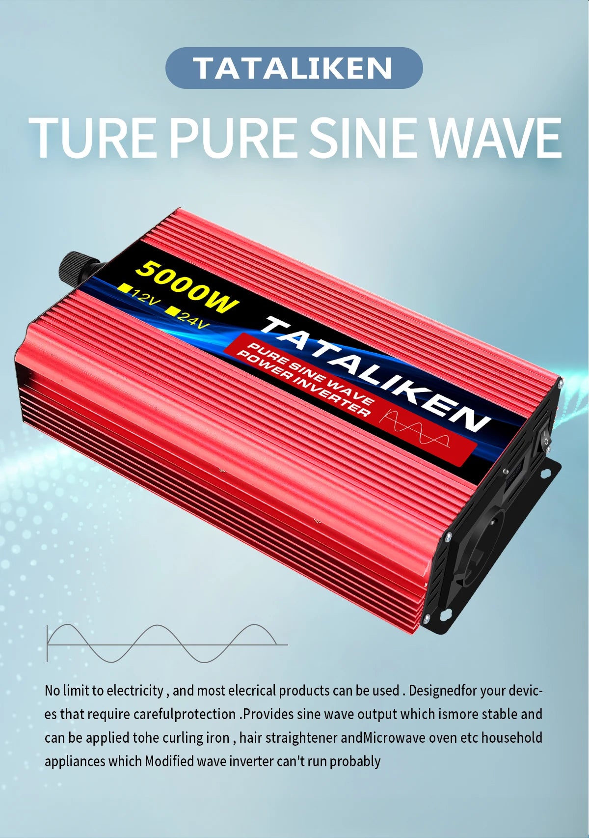 Inverter Pure Sine Wave  2500W/3500W/4500W/5000WDC 12V/24V to AC 220V 230V Voltage Transfer Converter Charging Adapter EU Socket