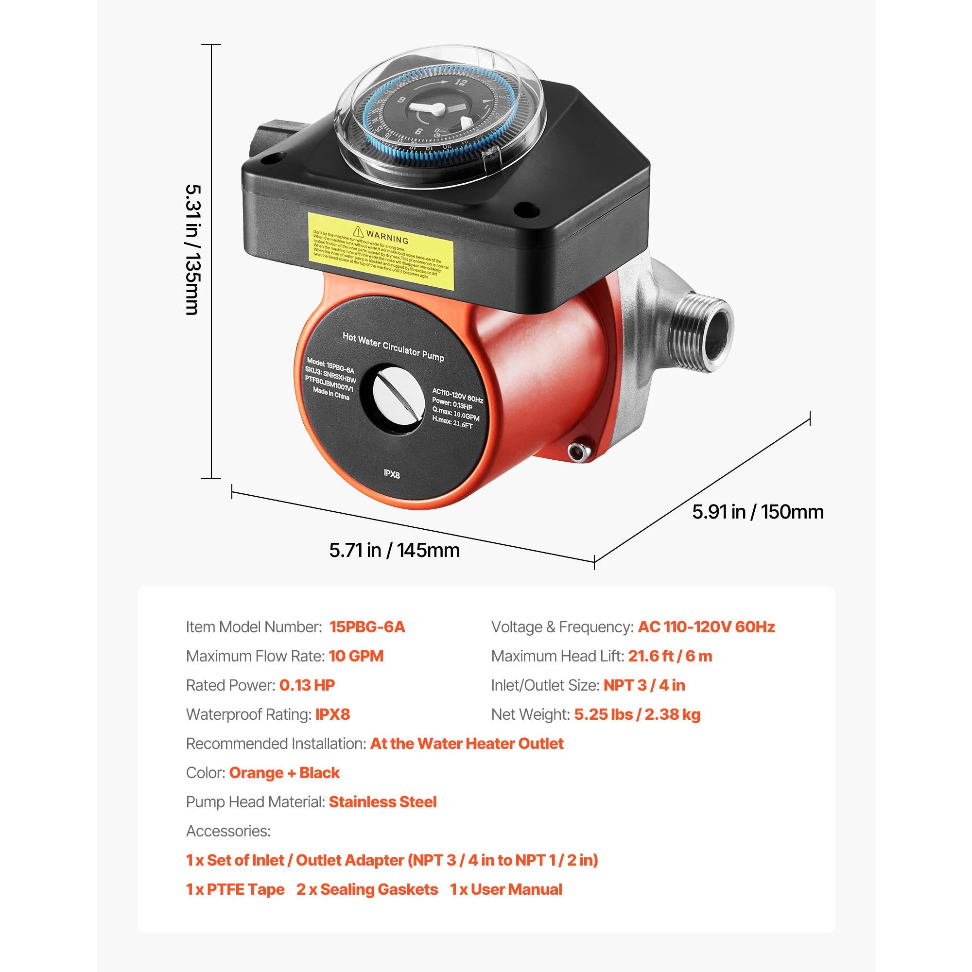 Hot Water Recirculating Pump 10 GPM with Timer 0.13 HP System