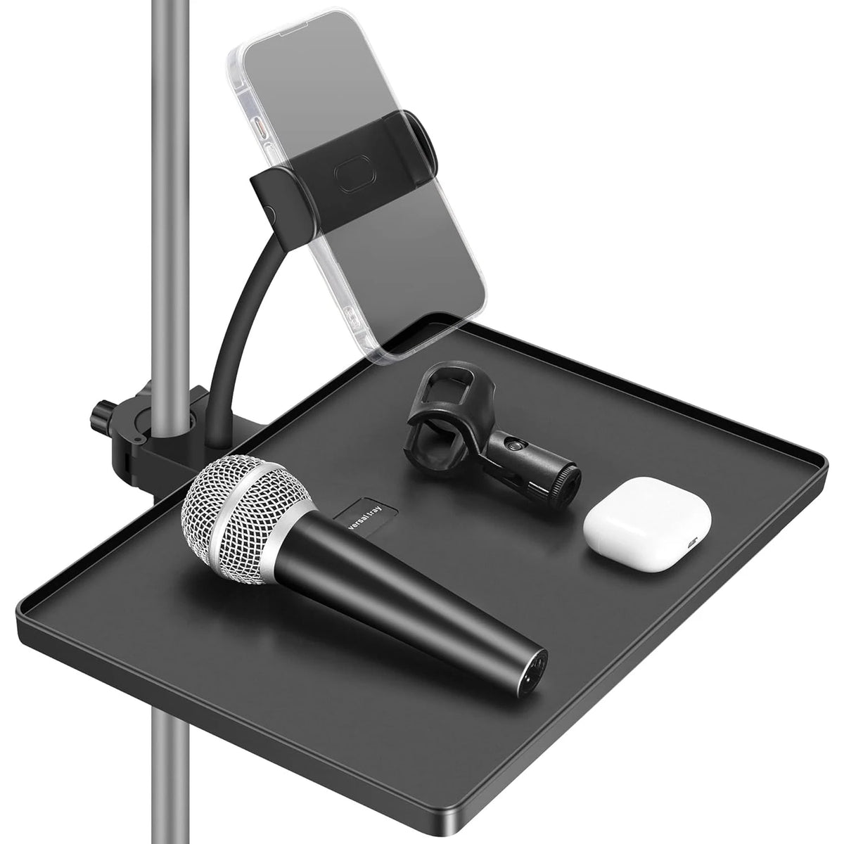 Tabuleiro para suporte de microfone com fixação por grampo e suporte de telemóvel