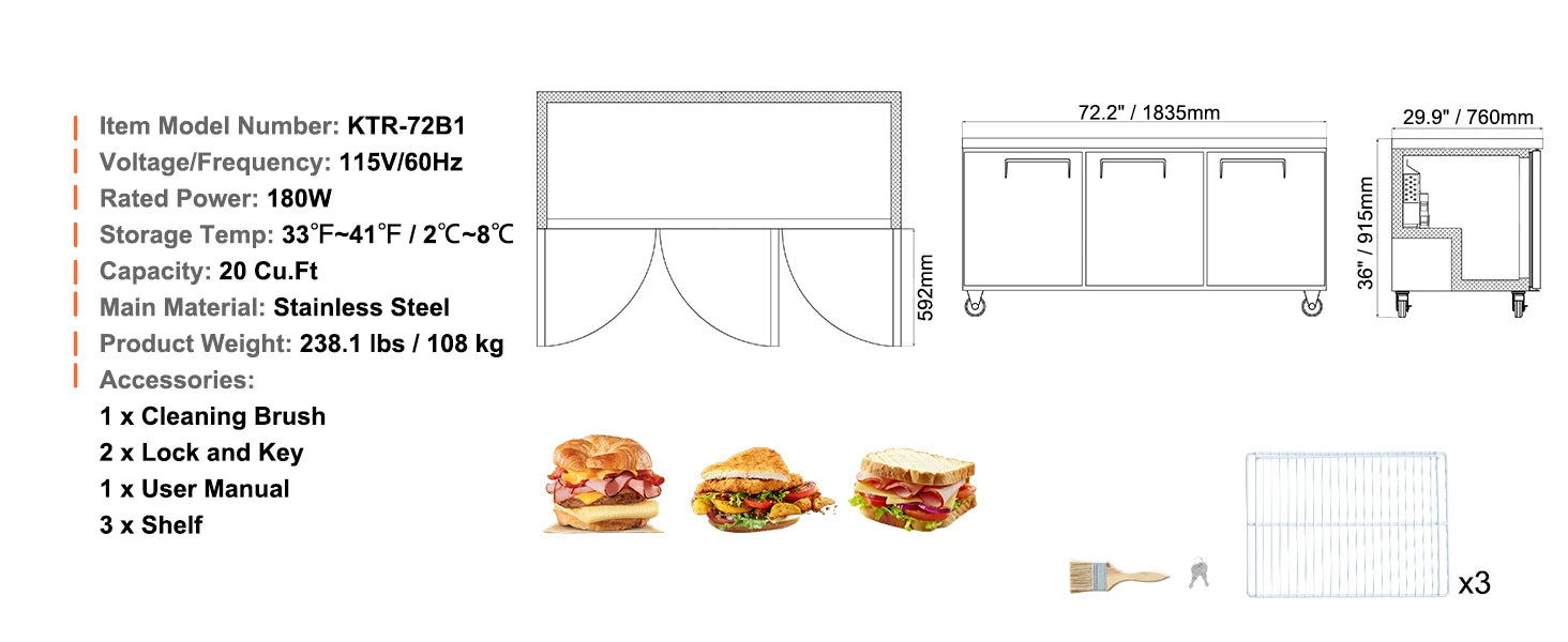 72" Commercial Sandwich Prep Table Fridge 20 Cu.Ft Stainless Steel