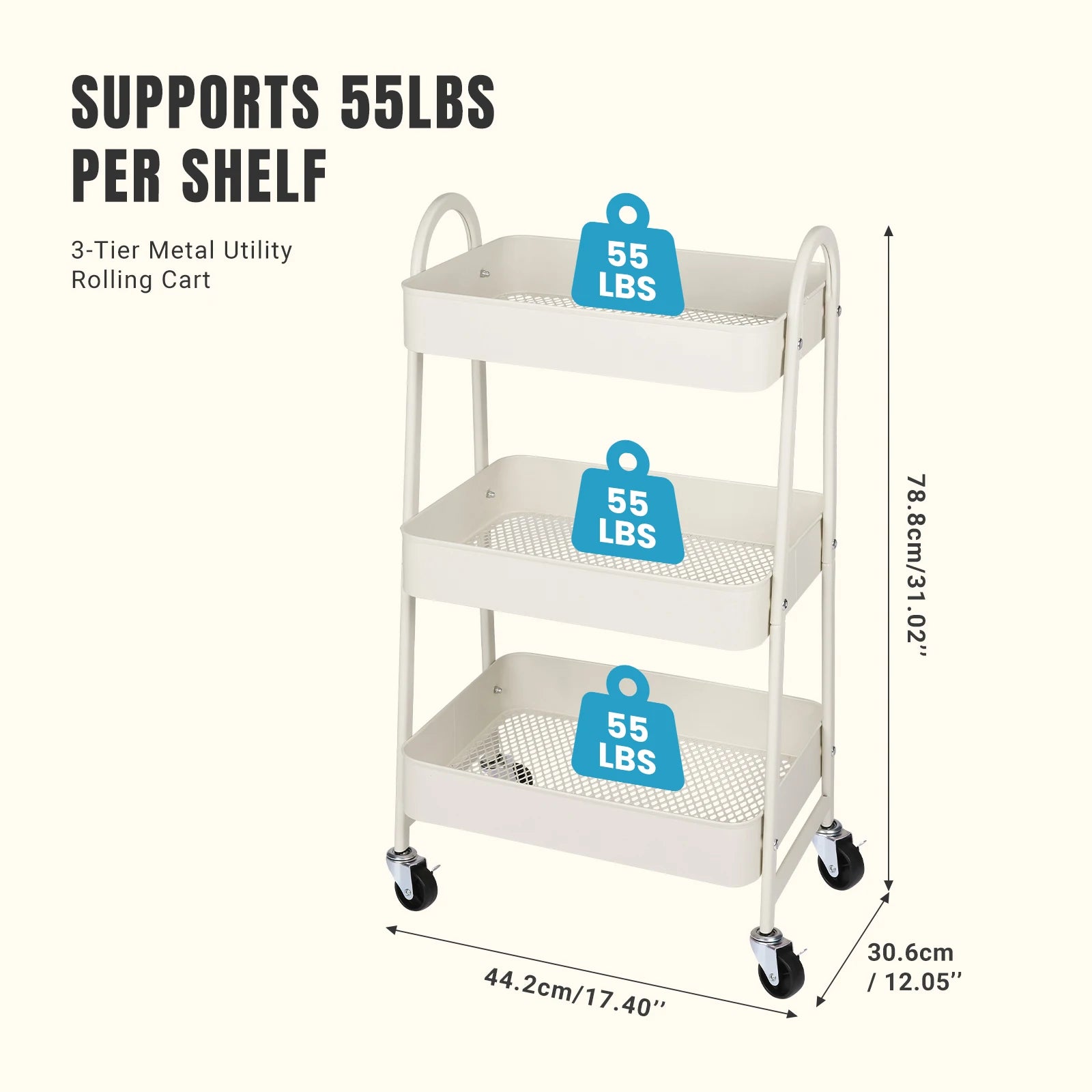 3-Tier Rolling Storage Cart with Lockable Wheels for Small Spaces