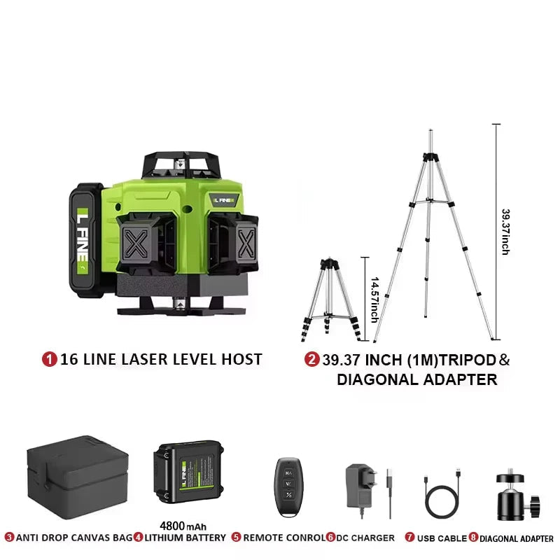 LFINE 3D/4D Laser Level 8/12/16 Lines Horizontal And Vertical With Remote Control 8 Lines 360°Self-leveling Laser Levels 