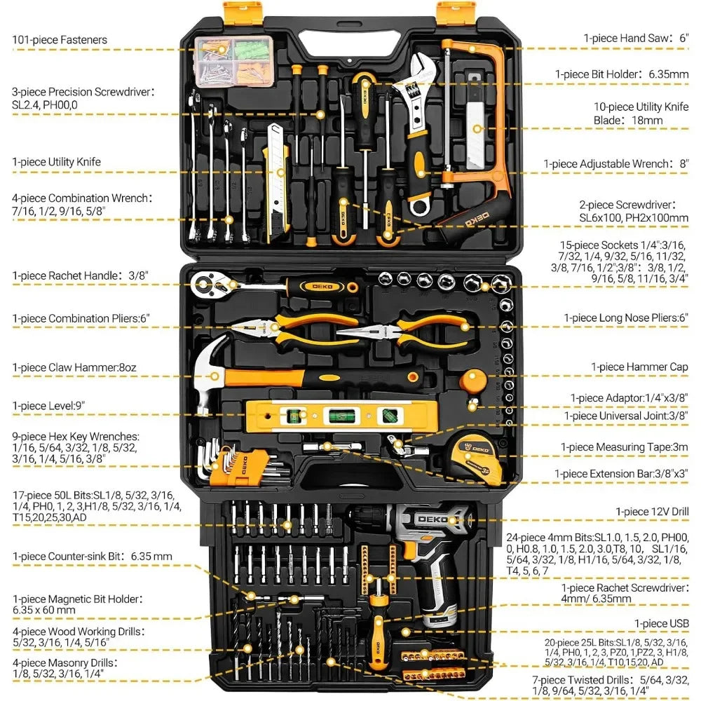 238-Piece Home Mechanic Tool Kit with 12V Cordless Drill