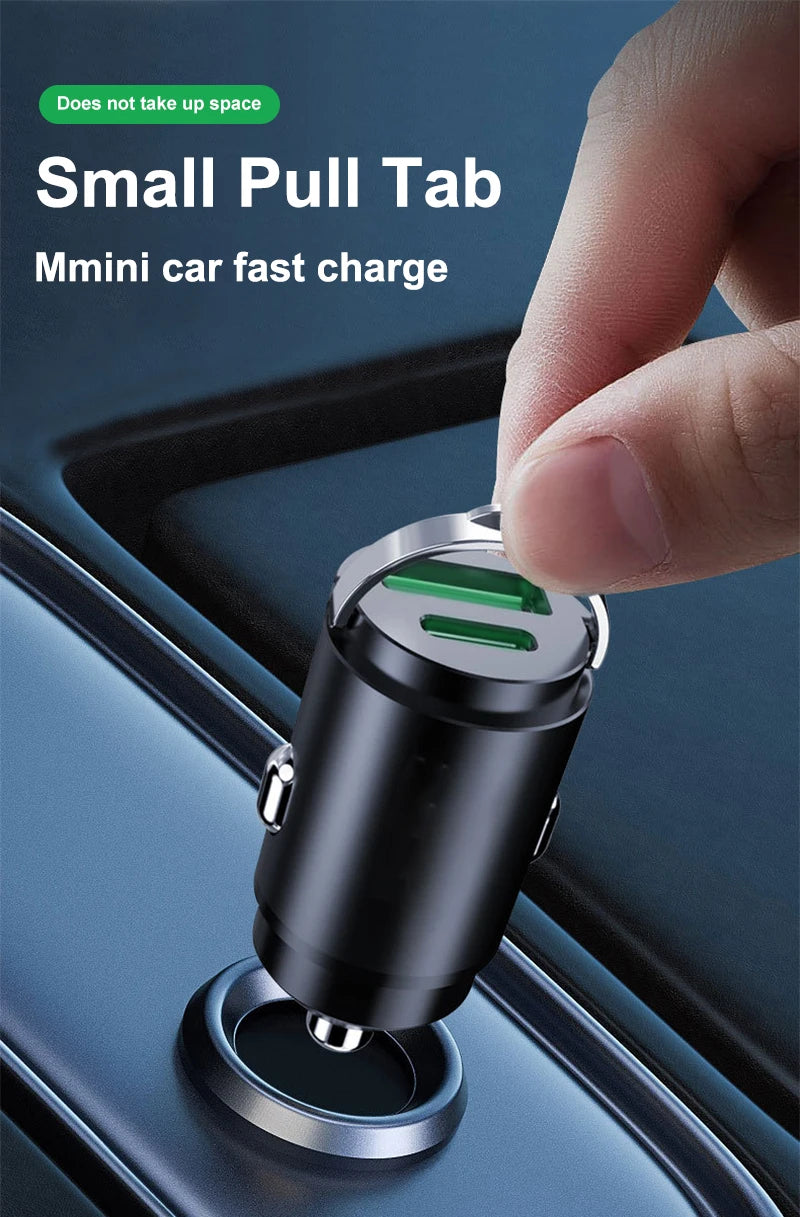 200W Mini Car Charger Fast Charging for iPhone QC3.0 Mini PD USB Type C Car Mobile Phone Charger for Xiaomi Samsung Huawei