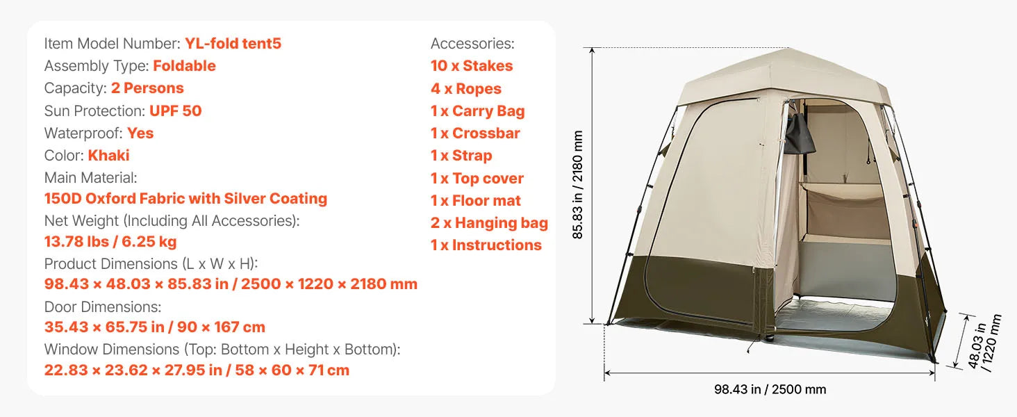 Tente de douche de camping SucceBuy, 1 pièce, pliable, tente d’intimité/changement avec piquets, cordes, sac de transport et traverse