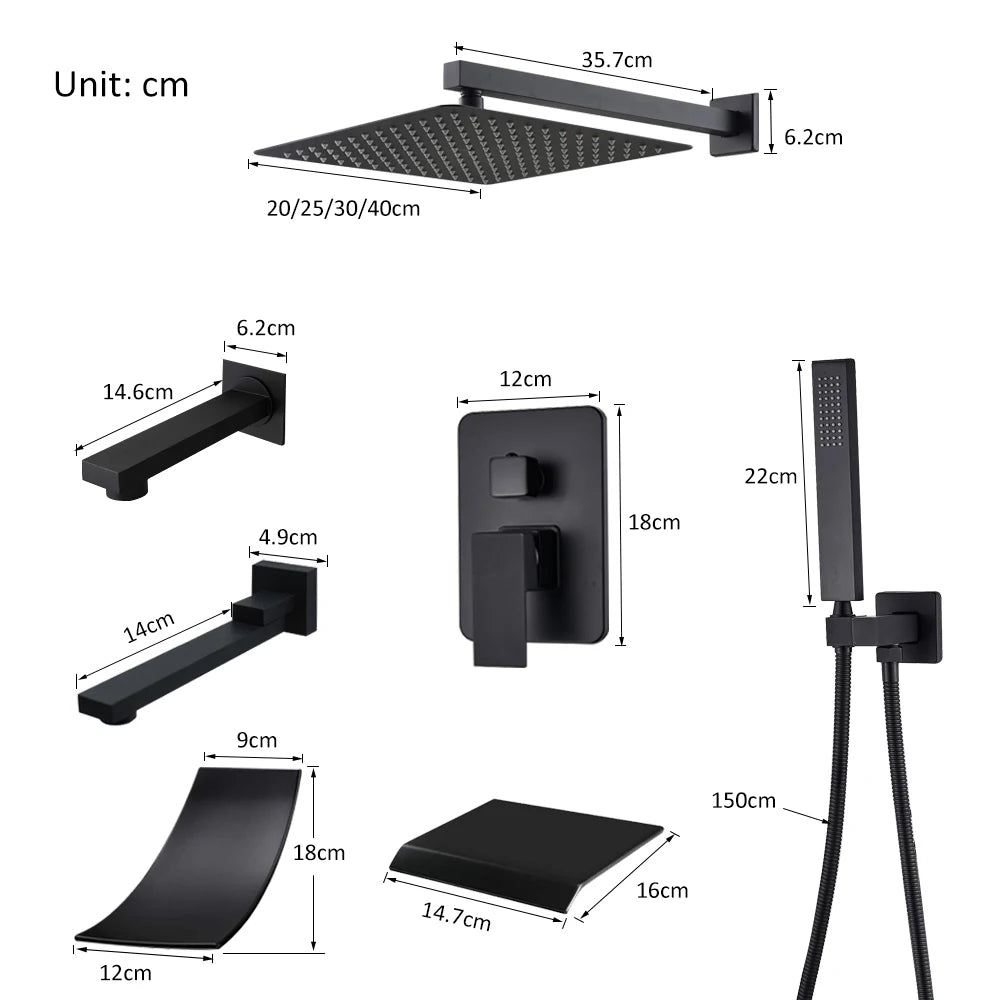Matte Black Concealed Shower System with Rainfall Head & Tub Spout