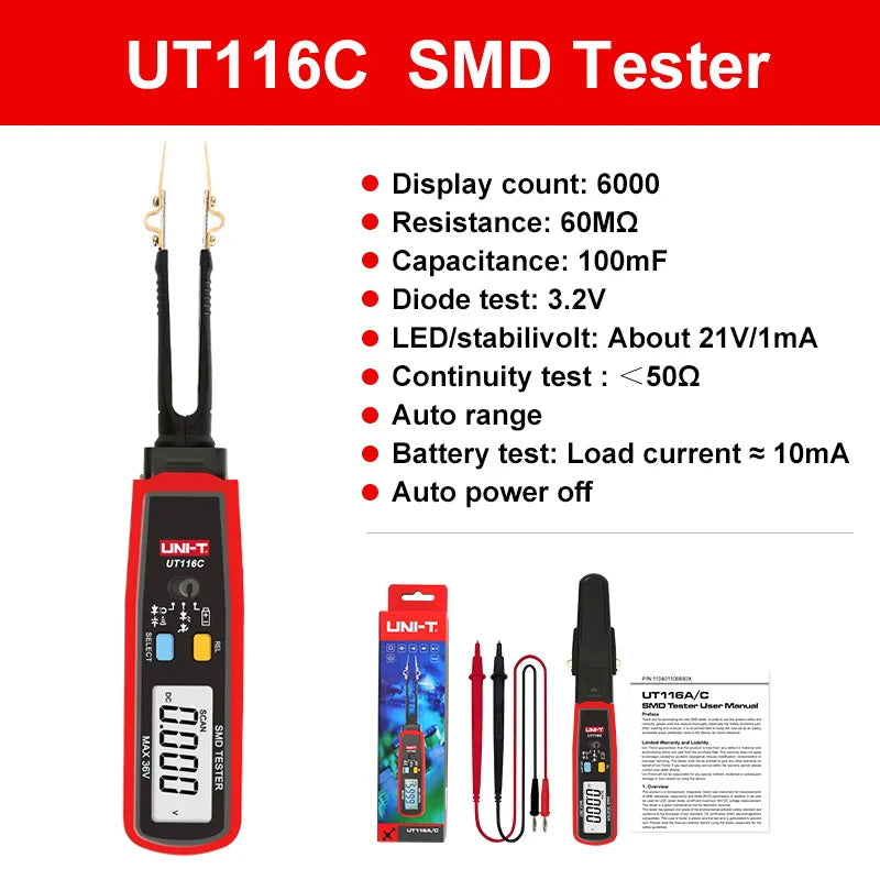 UNI-T UT116C UT116A SMD Tester Meter Rotable Tweezer Resistance Capacitance LED Diode Continuity Battery Tester 