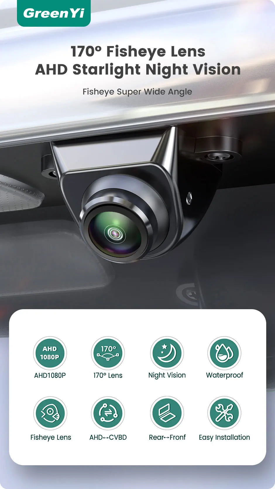 GreenYi AHD 1920x1080P Car Rear View Camera Full HD Night Vision 170° Fisheye Lens Vehicle Reversing Front Cam C999