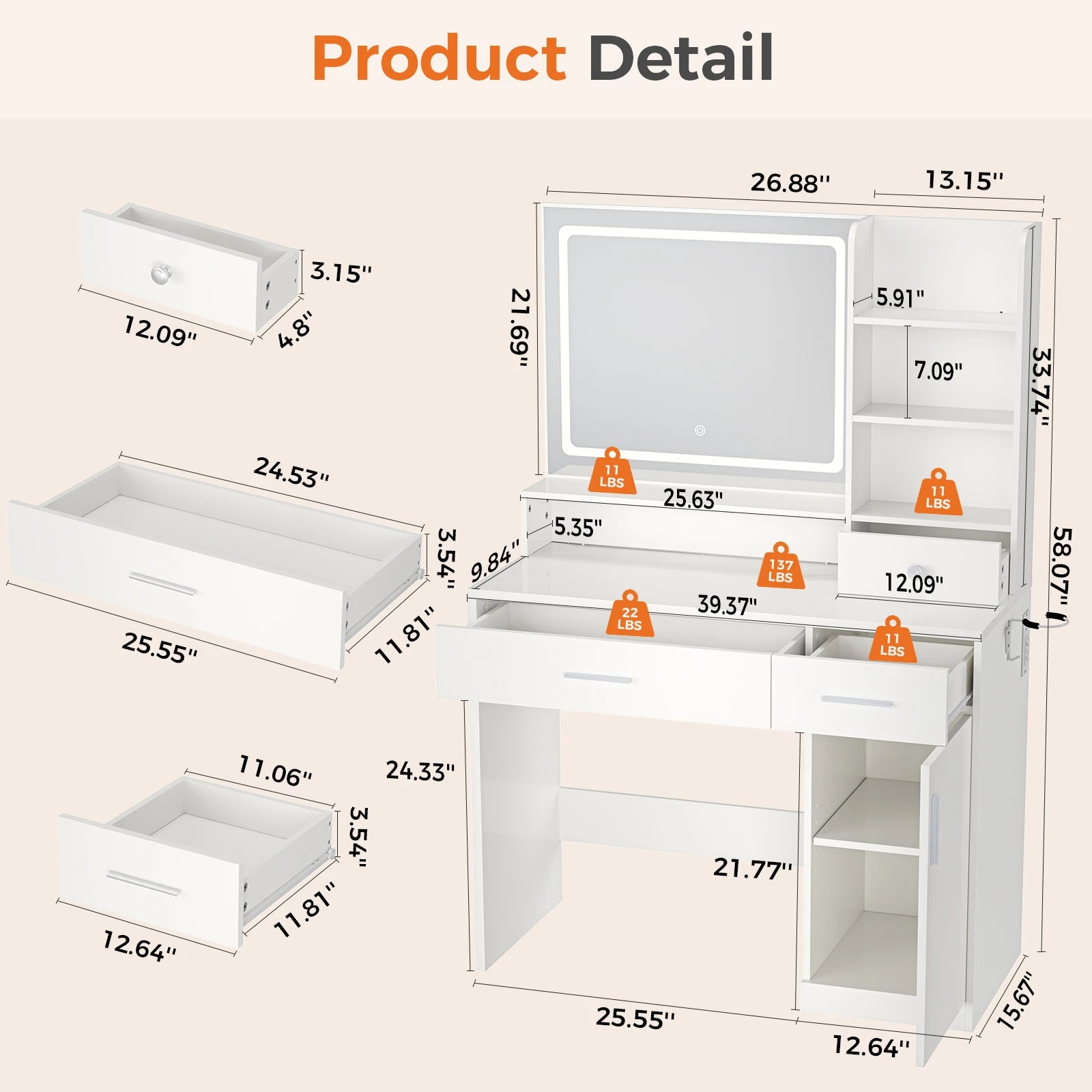 Modern Makeup Vanity Desk with Lighted Mirror, Storage & Charging