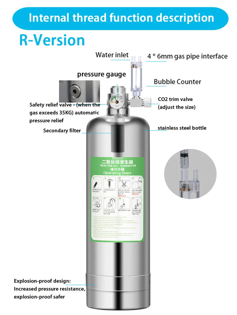 Stainless Steel Aquarium CO₂ Generator Kit — 1 L or 2 L
