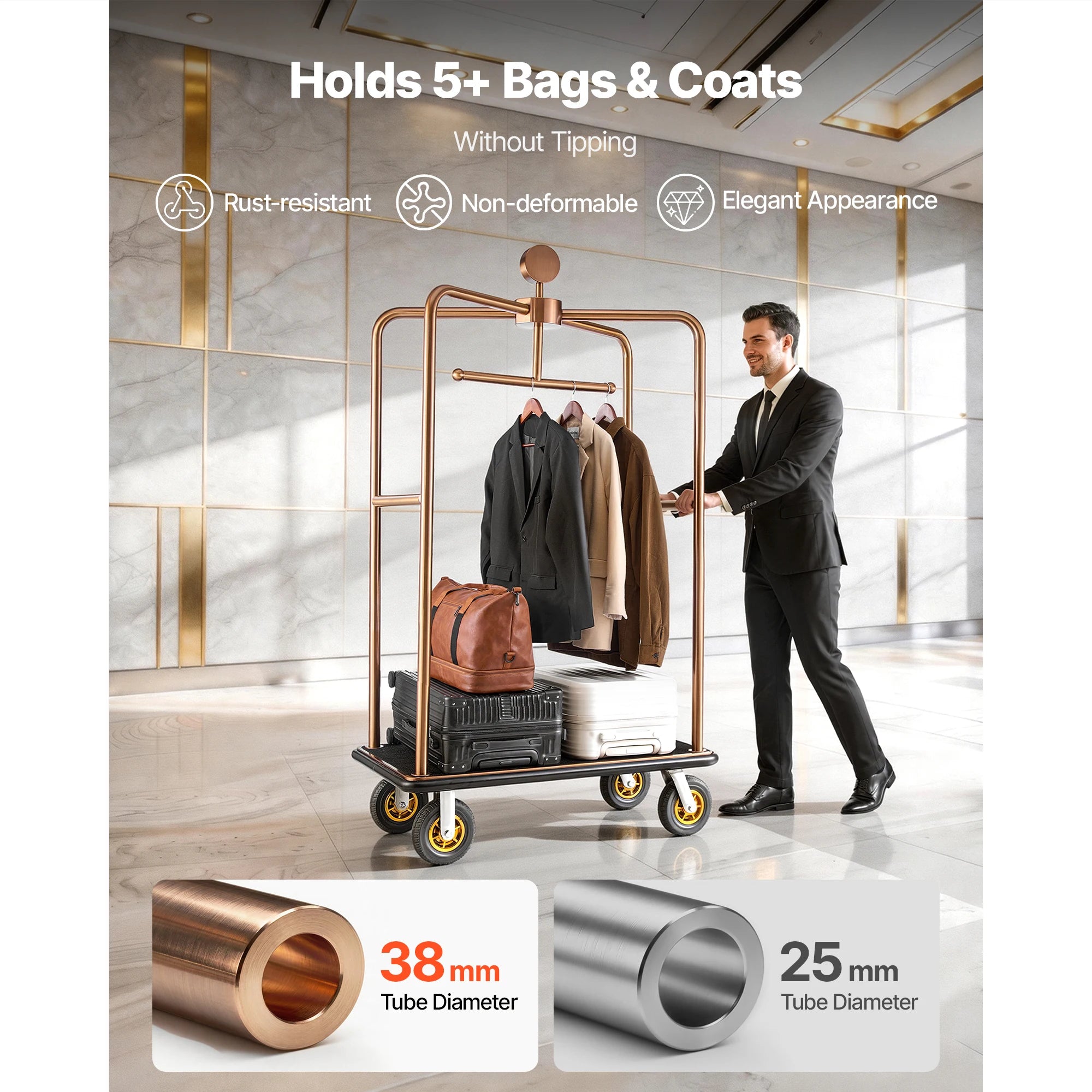 SucceBuy 1200 lbs Hotel Luggage Bellman Cart with 8in Wheels Solid Commercial Luggage Carrier Rolling Trolley for Hotels Resorts