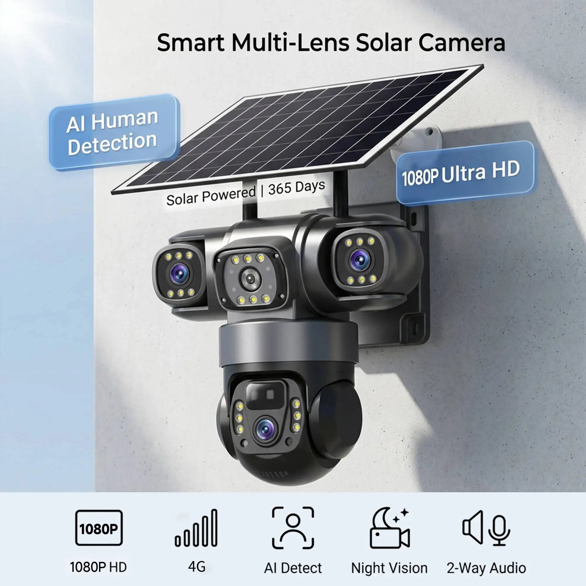 4G Solar Outdoor Security Camera with Triple Lens and PIR Detection