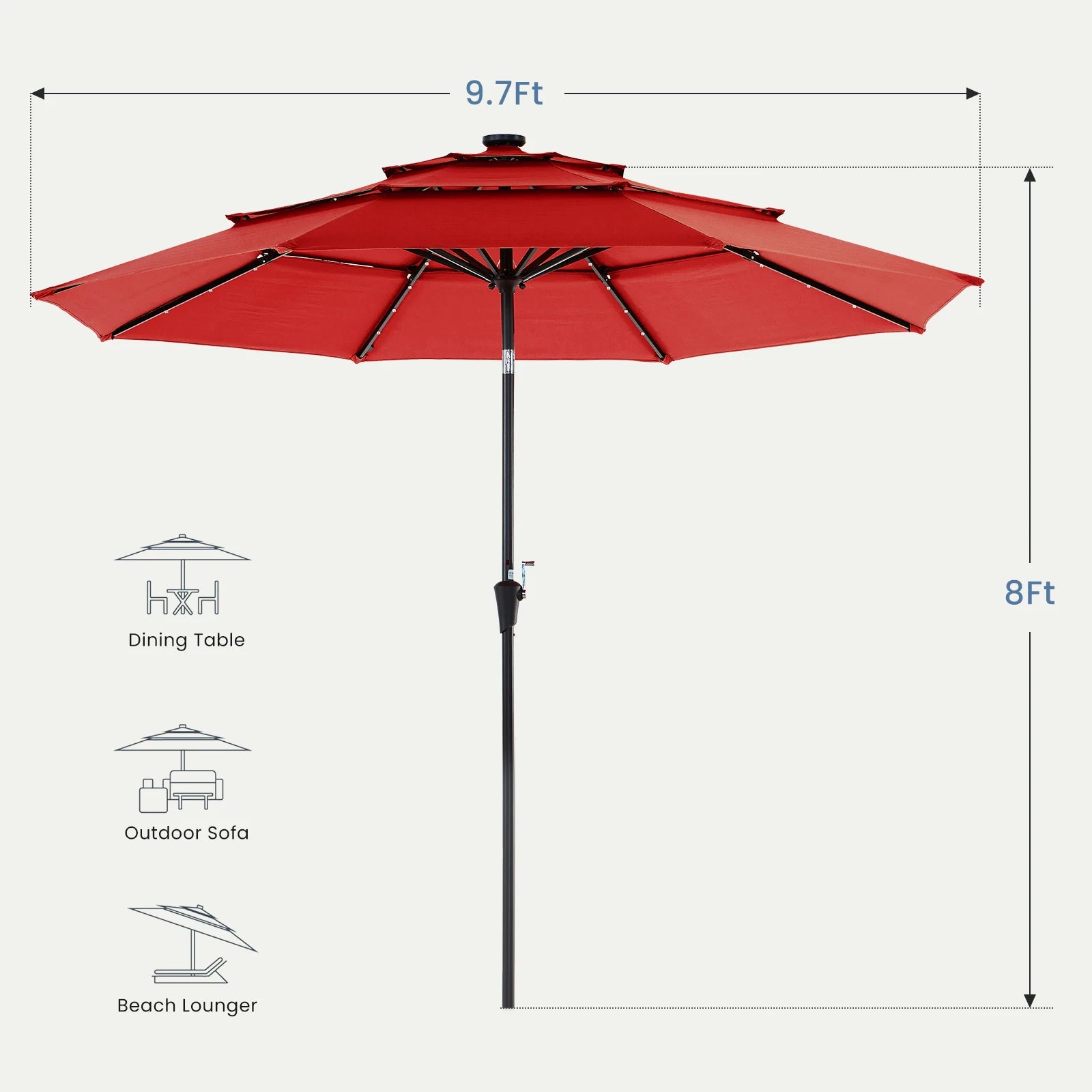 10 FT Solar LED Patio Umbrella with Tilt & Crank Shade