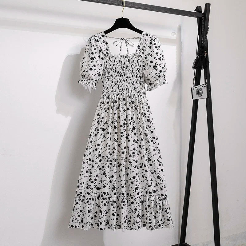 Spring Summer Chiffon Dresses Fashion Female Elastic Waist Short Sleeve Pleated Casual Dress Women A-line Dresses Vestidos 