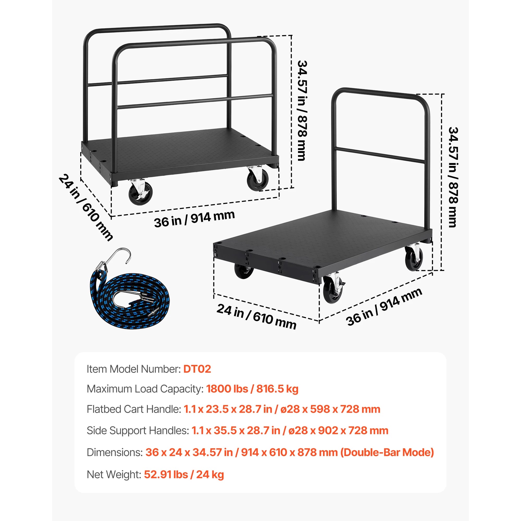 2-in-1 Drywall Cart Dolly 1800 lbs Steel Panel Truck 36x24 Platform