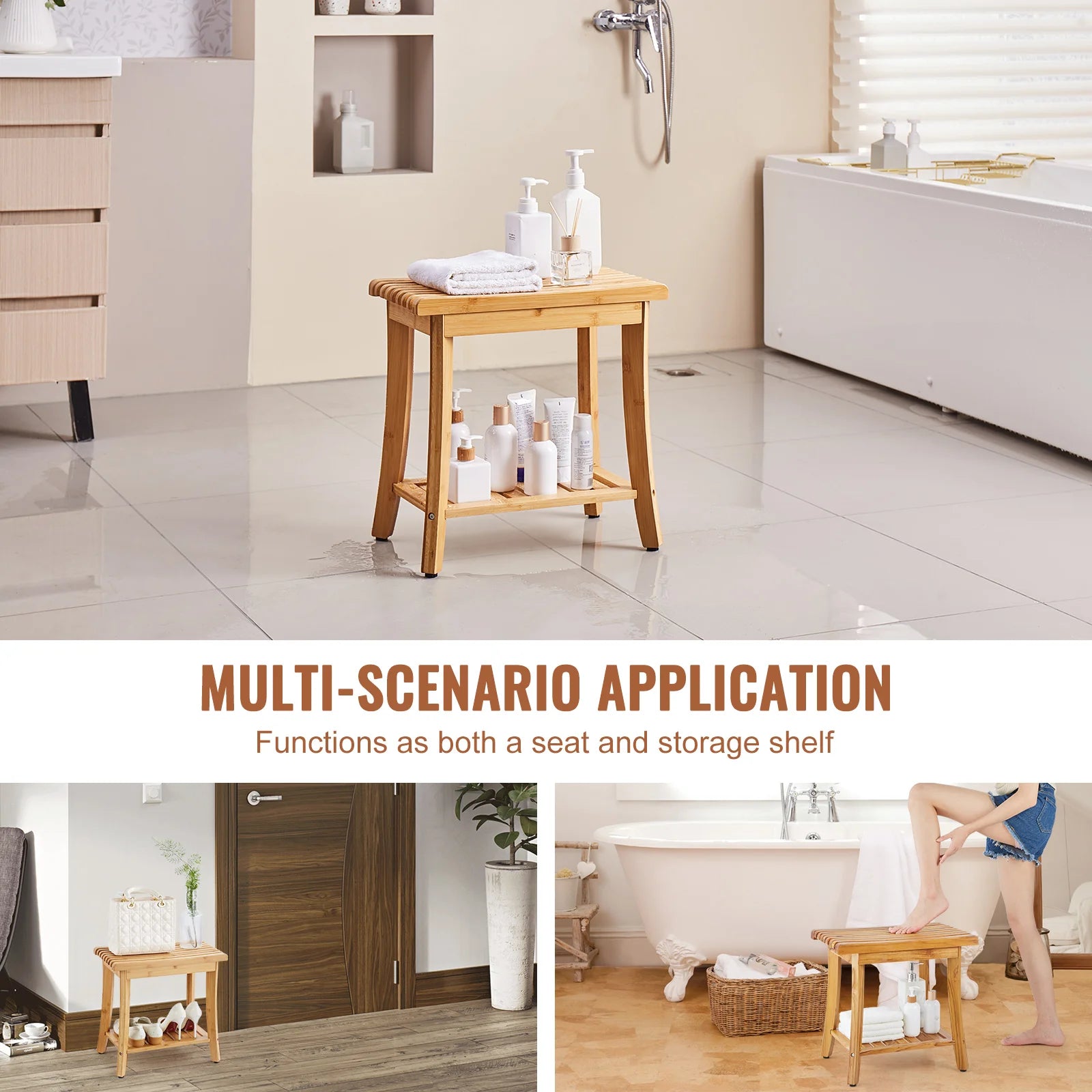 Bamboo Shower Bench with Storage Shelf 330lb Capacity Stool