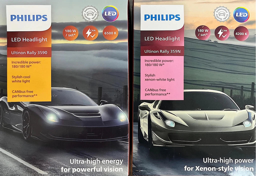 Philips LED 15000lm Ultinon Rally 3590 H4 H7 H8 H11 HB3 HB4 H19 HIR2 H1 Auto světlomet 6500K Bílý Max Power 180W 12V 4200K U359N