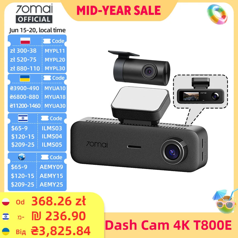 70mai T800E 3-Channel Dash Cam 4K Front + Dual 1080P HDR