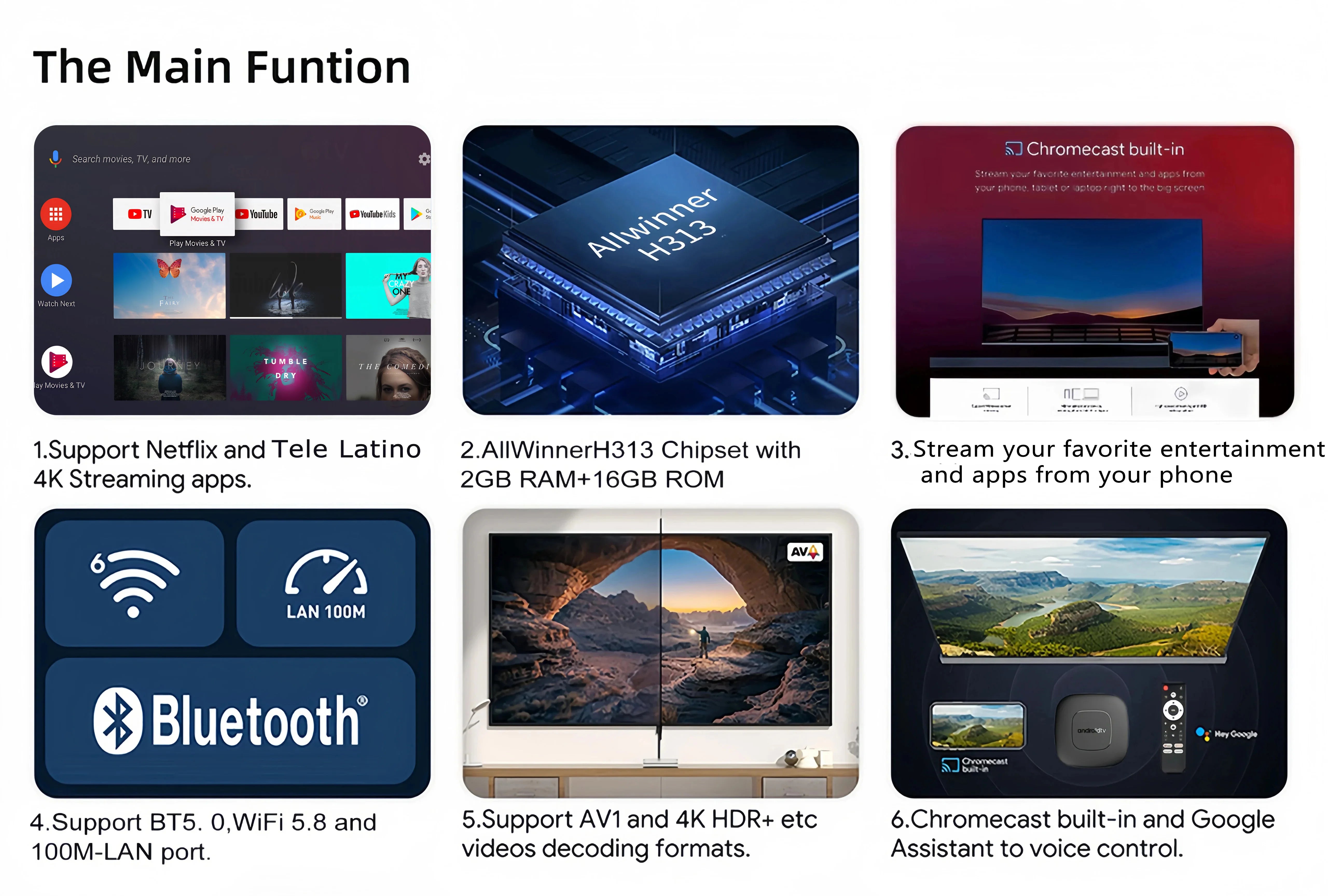 Android13 Smart Home Theater TV Box AllwinnerH313 Google Assistant Netflix Streaming Bluetooth Media Player 2G16G 2.4G5G Wifi T1 