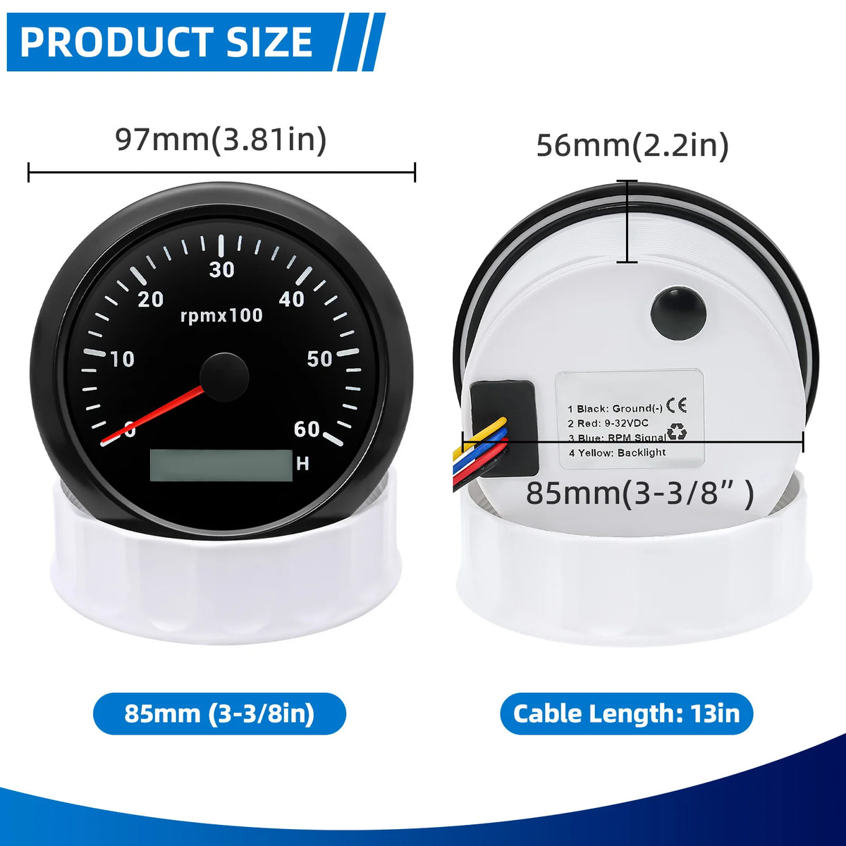 Conta-rotações de 85mm com contador de horas LCD e retroiluminação