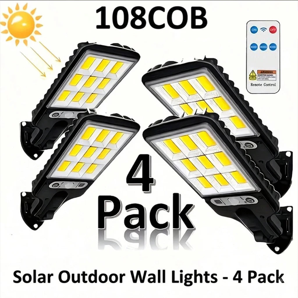 Solar Outdoor Motion Sensor Wall Light, 108 LED, Remote Control, IP65 Waterproof