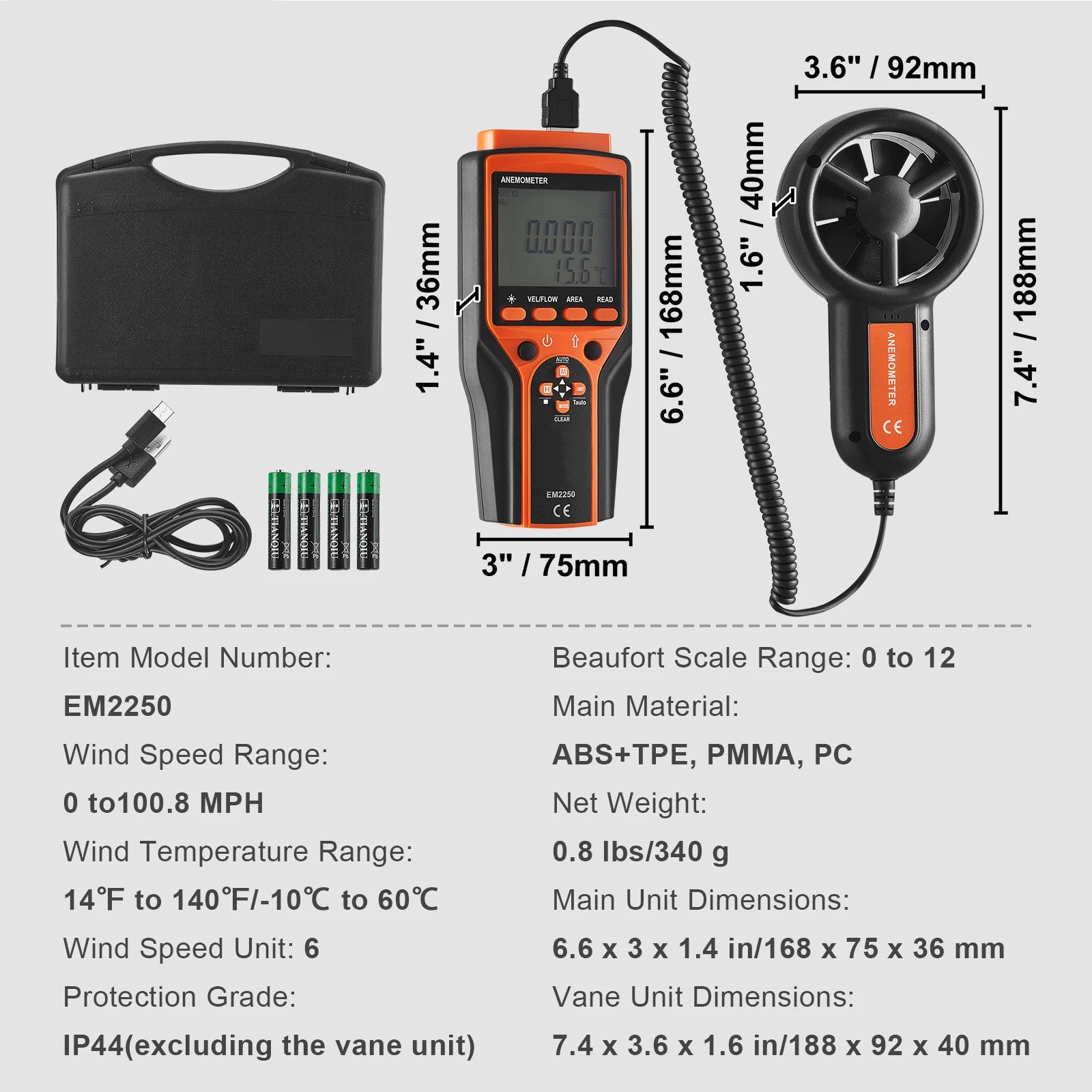 Handheld Digital Anemometer with LED Display Wind Speed CFM Meter
