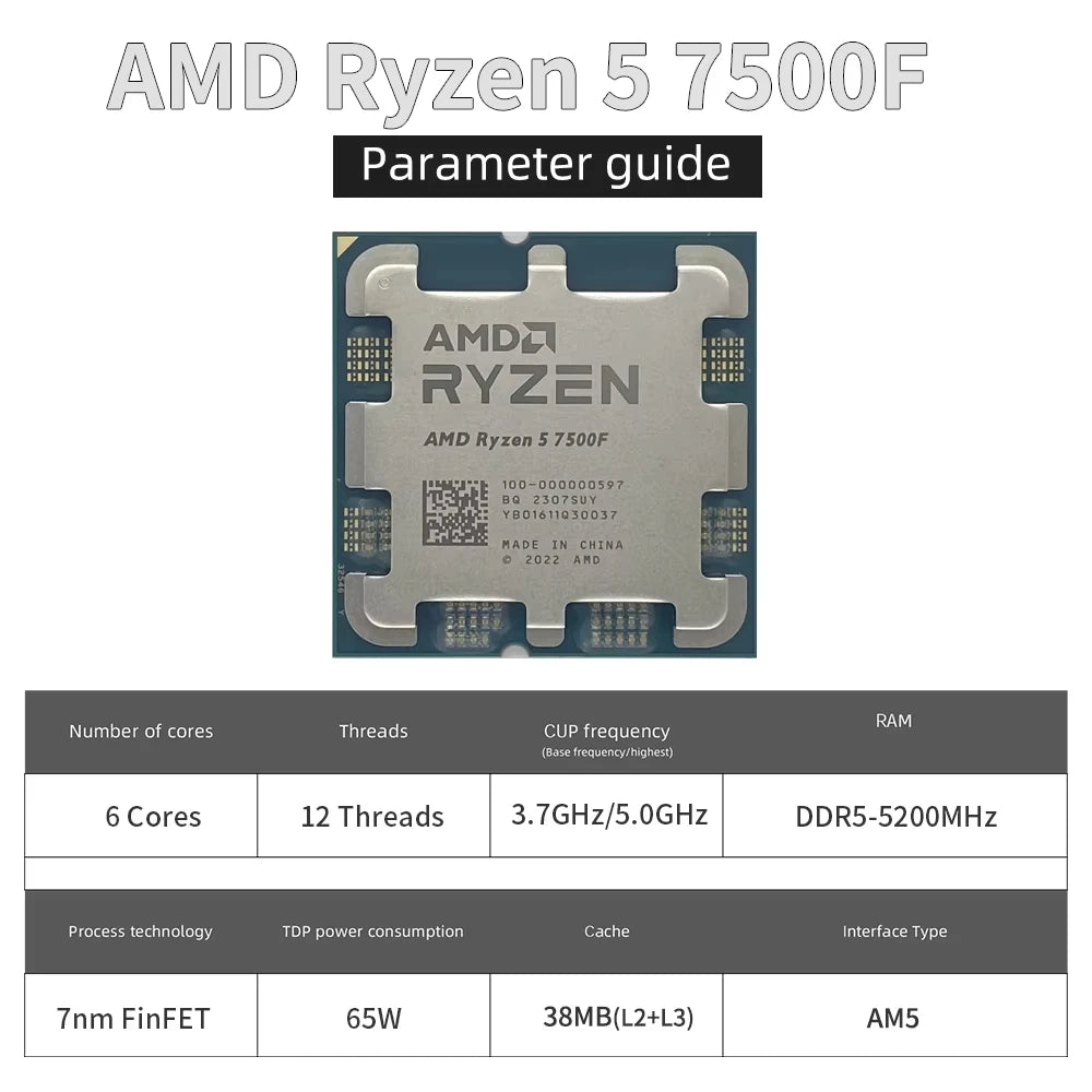 AMD Ryzen 5 7500F Processor 6‑Core AM5 Desktop CPU