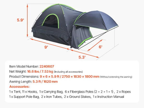 Tenda per cassone di pickup con tenda da sole – Camper impermeabile per 2-3 persone