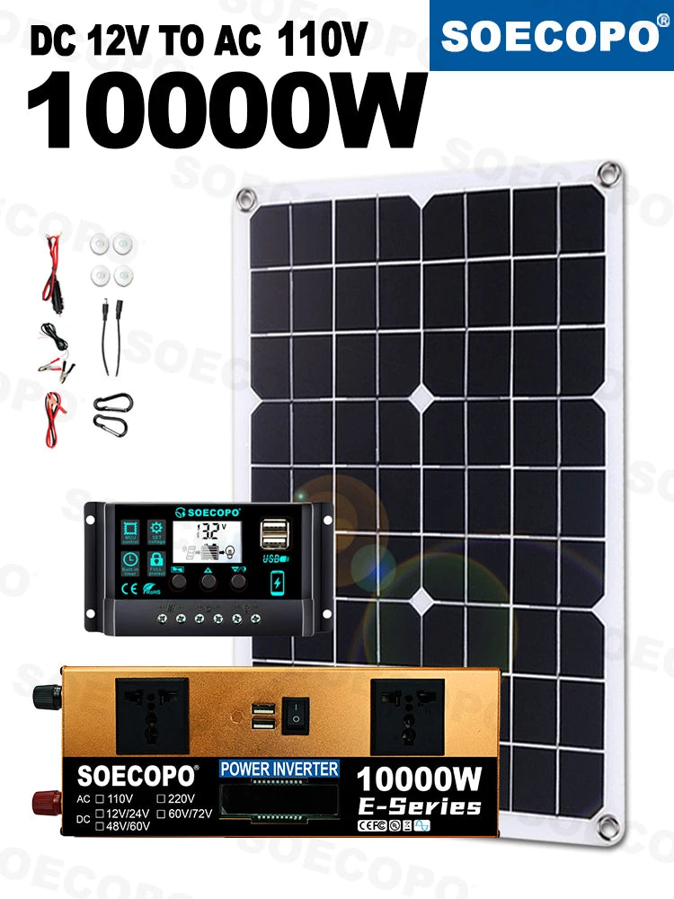 Off-grid solární sada 10000W výkonný měnič + 500W solární panely + 100A regulátor DC 12V/24V - AC 110V/220V měnič