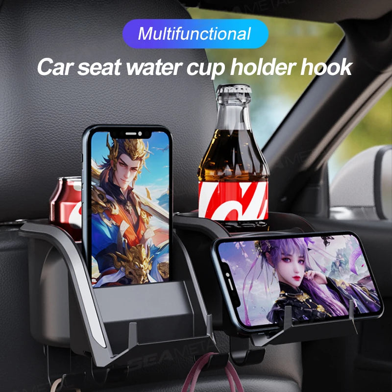 SEAMETAL 3 in 1 Car Headrest Cup Holder Car Rear Row Drink Holder Phone Mount Storage Organizer Large Load-Bearing Stable Hook