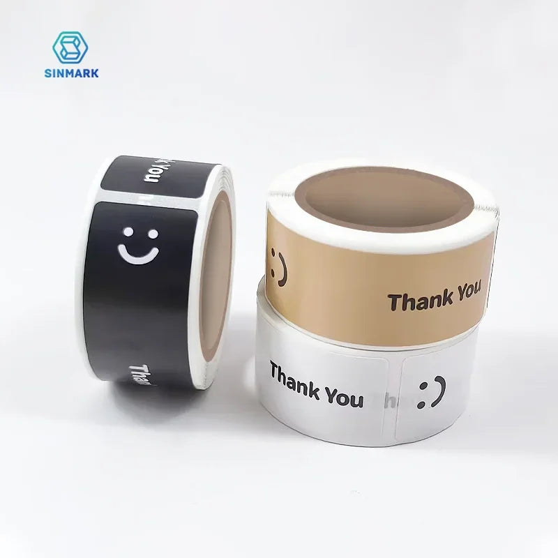 120Pcs/roll Smiling Face Black and White Thank You Rectangular Seal Sticker Gift Sticker for Homemade Packaging Decoration Label