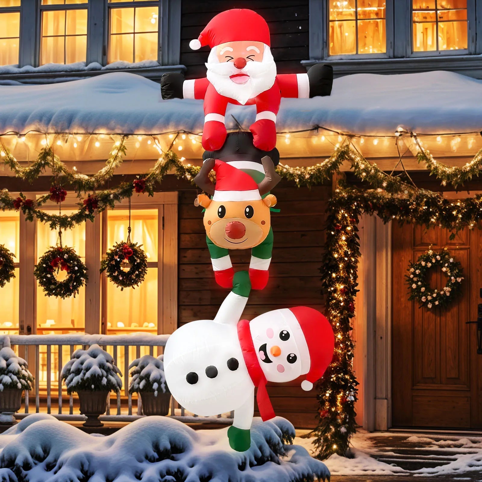 8FT Christmas Inflatables Decor, Climbing Santa Claus with Reindeer & Snowman/Elves, Xmas Decor for Beam Roof Tree Indoor Party 