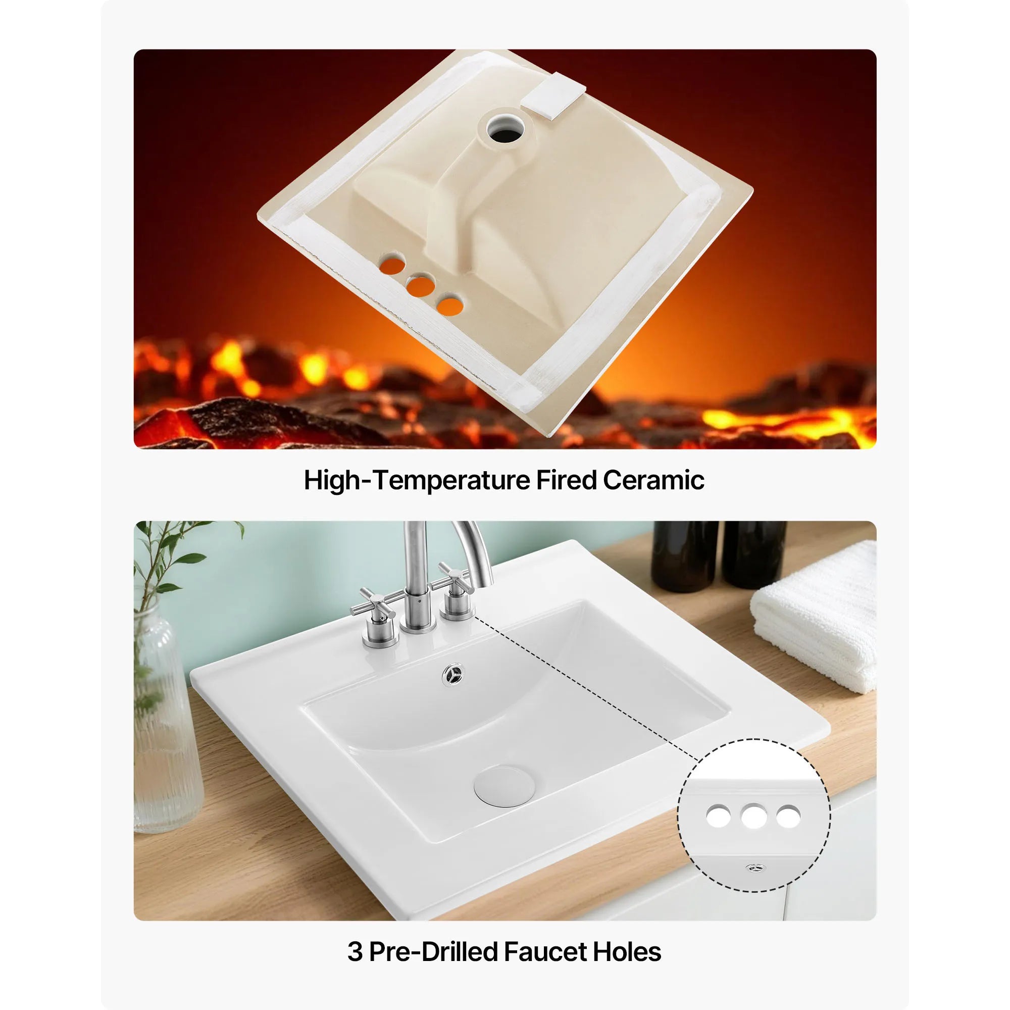 Lavabo de salle de bain en céramique semi-encastré avec trop-plein et 3 trous