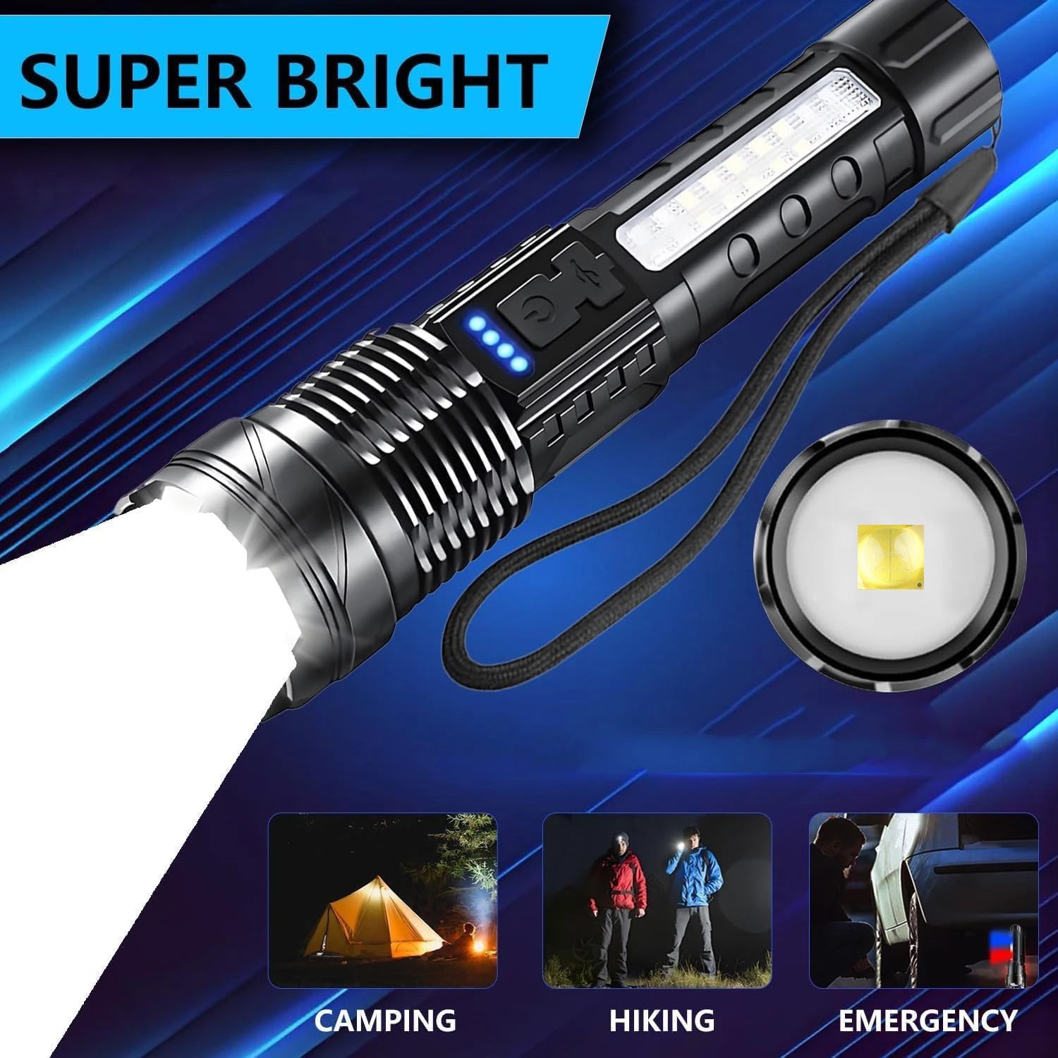 Lampe de poche LED rechargeable avec 7 modes et faisceau zoom réglable