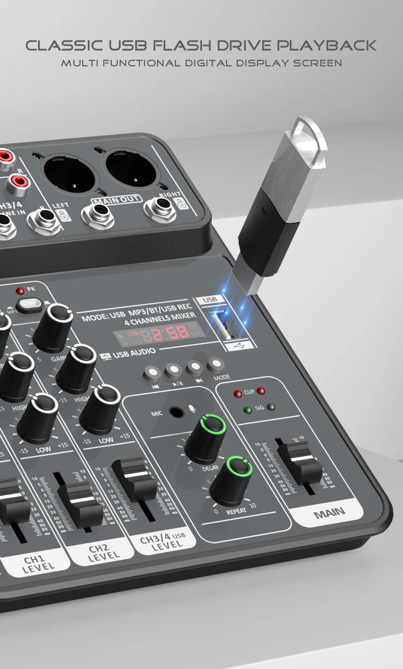 4 Channel Audio Mixer 48V Phantom Power USB Studio Sound Mixers Bluetooth DJ Console Mixing for Karaok 