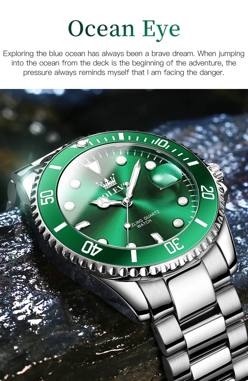OLEVS Top Original Men Quartz Watch Green Waterproof Watch for Men Stainless Steel Quartz Men Luxury Watch Luminous Wristwatch 