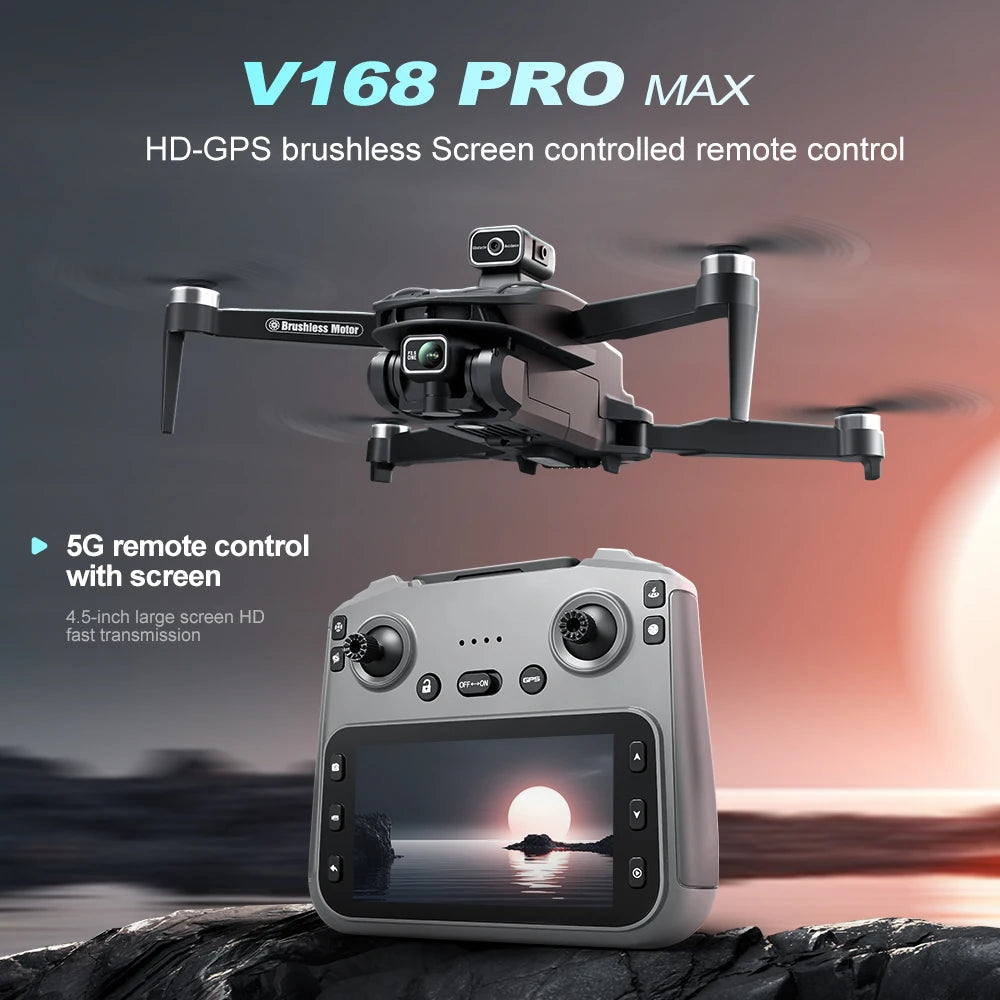 NEW V168 Pro MAX GPS Drone 4K Professional 1080P HD Camera 5G WIFI FPV Drone Brushless Motor 2 Batteries 4.5 Inch Large Screen Remote Control Quadcopter Boys Toys