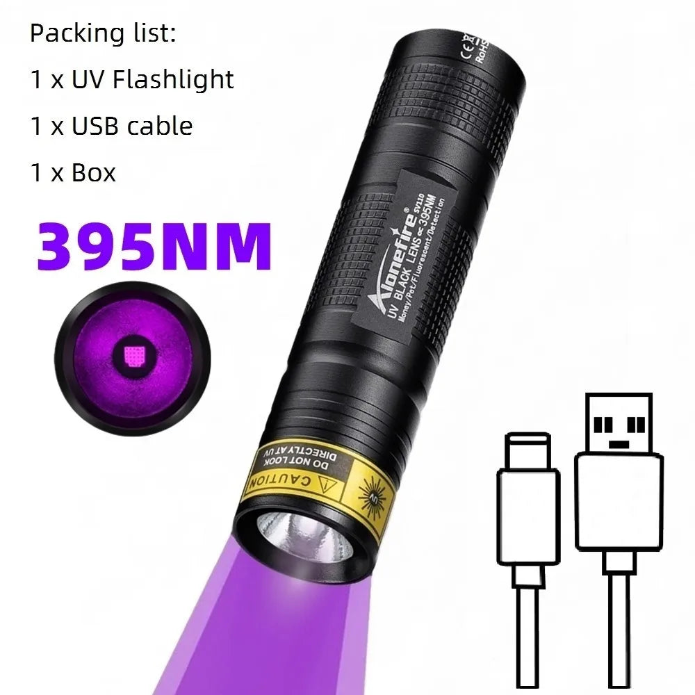 Lumina UV mini 365nm/395nm, USB reîncărcabil, lampă hiper UV pentru uscarea adezivi, animale de companie (pisică, câine), urină, tinea, bani, cuțit, scorpion, detectare lumina