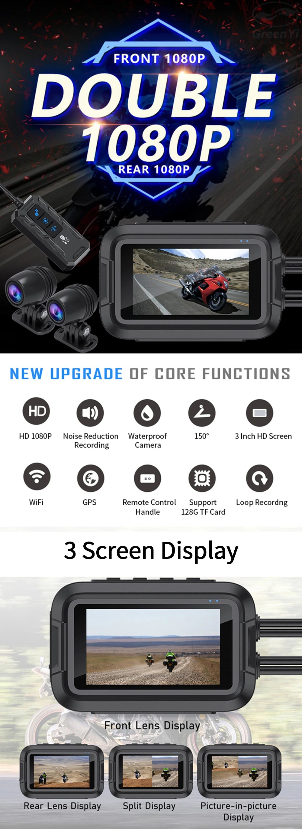 Dual 1080P Motorcycle Dash Cam Front Rear WiFi GPS Recorder