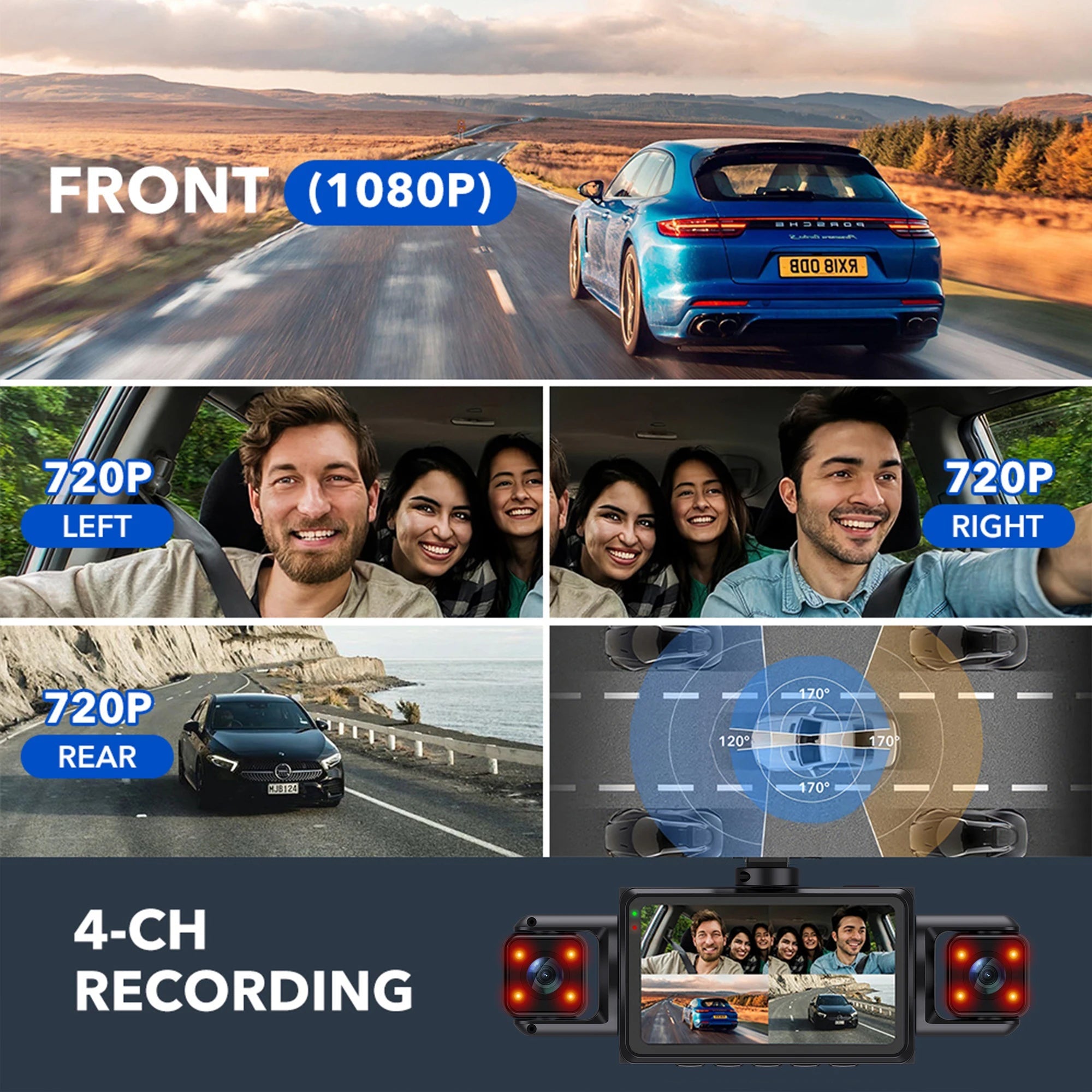 Car Dash Cam 4 Channel Black Box WiFi Driving Camera FHD 1080P Front Left Right Rear Night Vision Loop Recording add Hardwirekit 