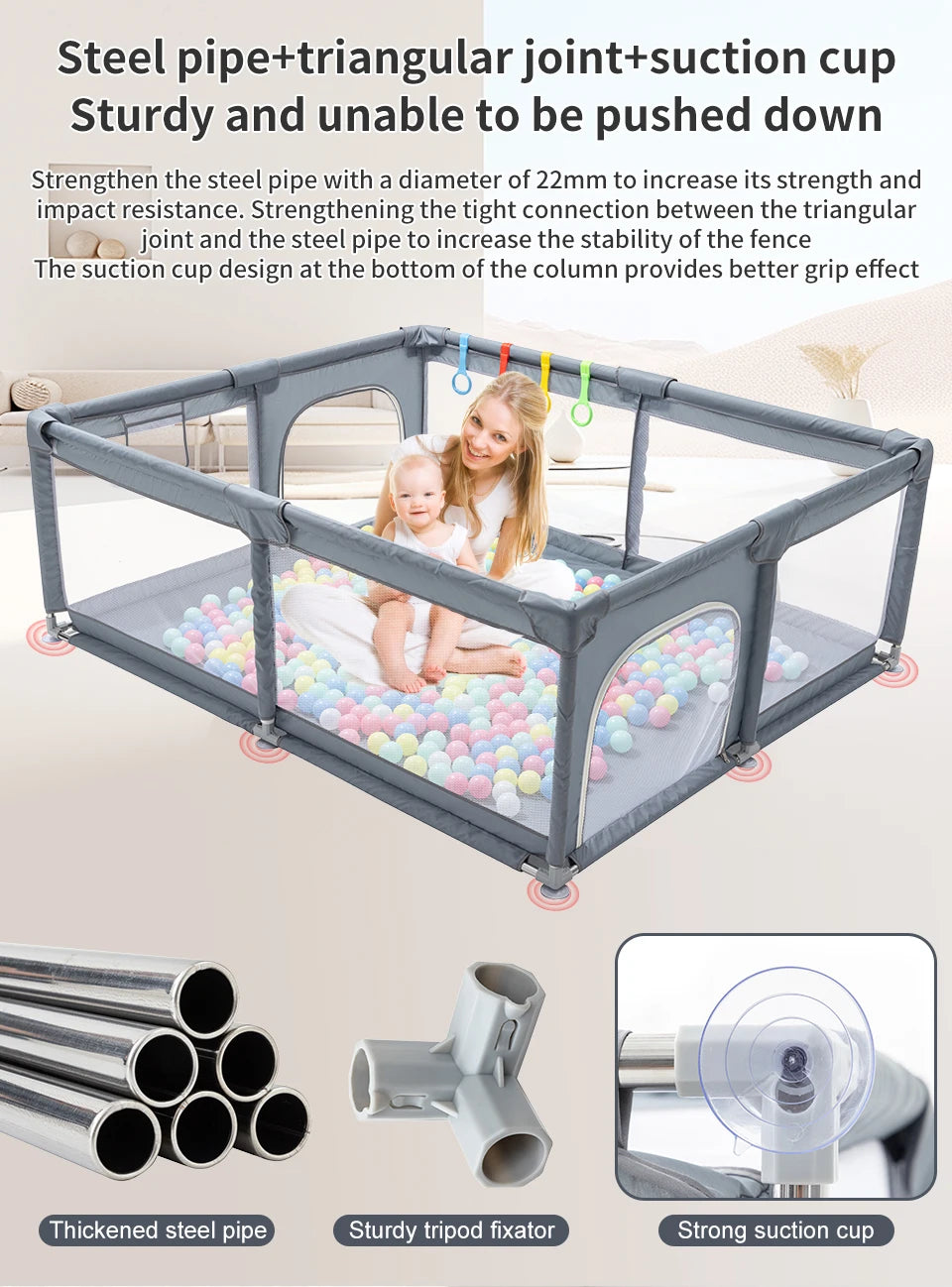 Baby Playpen Child Safety Fence with Pull Rings and Ball Box