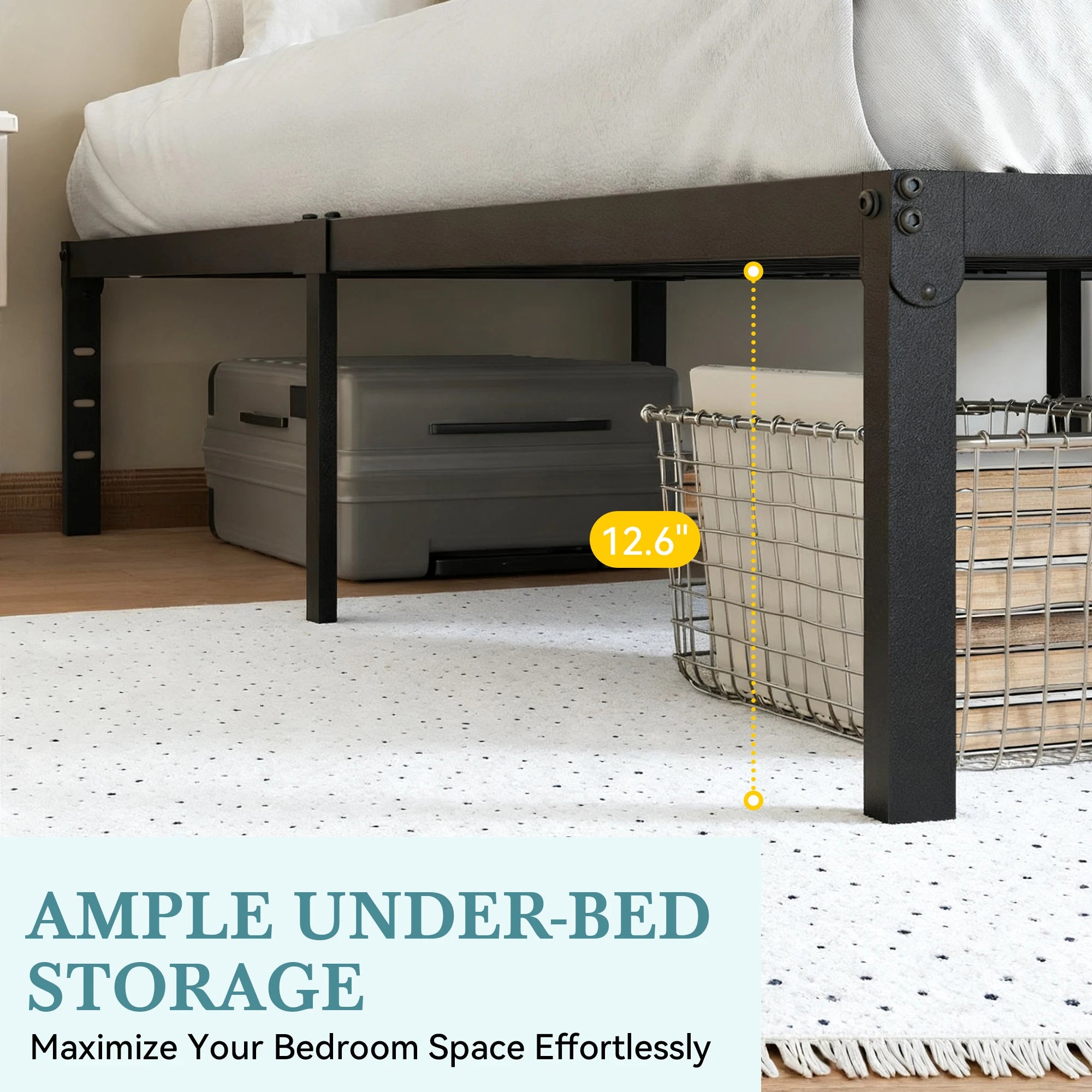 Heavy-Duty Metal Bed Frame with 14" Storage, No Box Spring